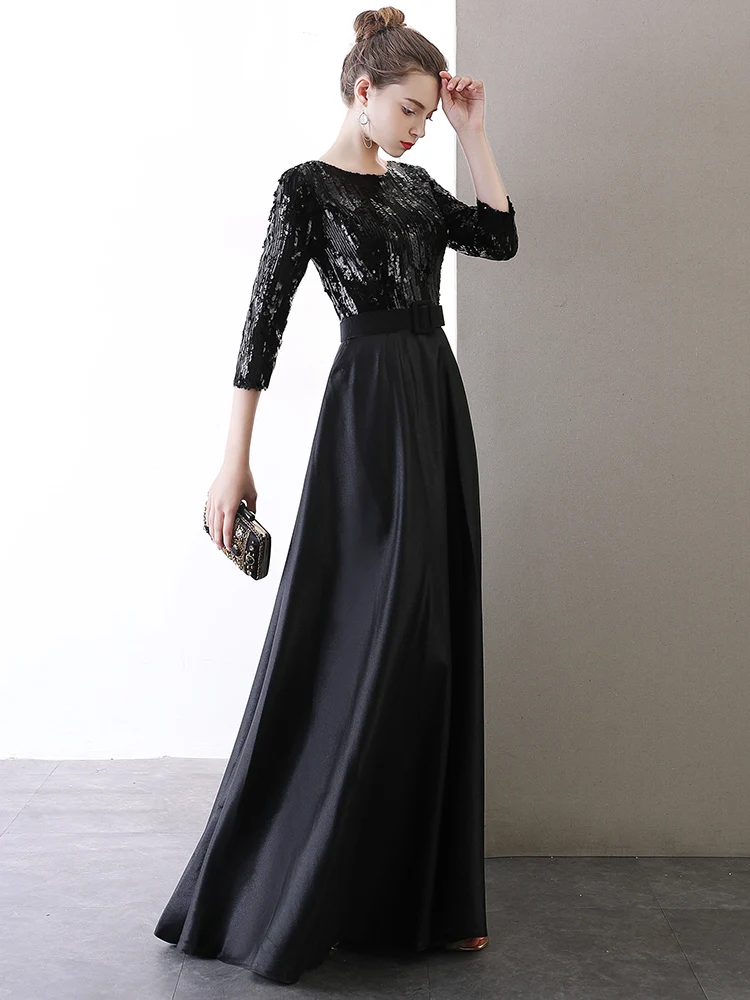 Женское длинное вечернее платье черное ТРАПЕЦИЕВИДНОЕ ПЛАТЬЕ с блестками для