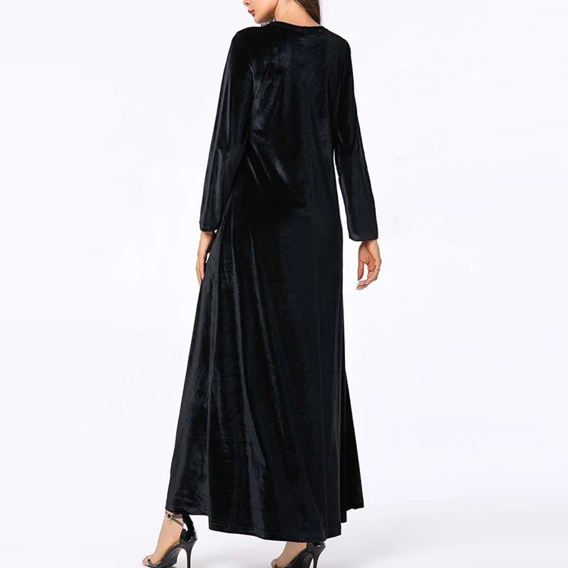 Осенне зимнее женское черное платье макси MISSJOY с длинным рукавом и вышивкой