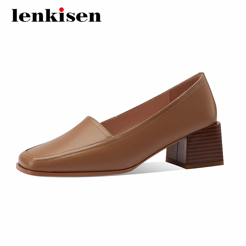 

Lenkisen genuine leather deep mouth catwalk noble fashion square toe high square heel slip on beauty lady dating women pumps L07