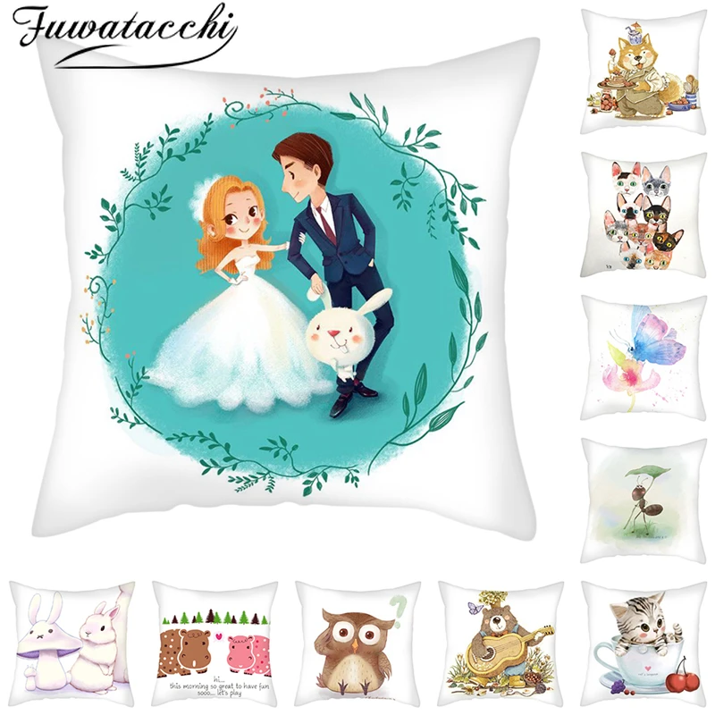 

Fuwatacchi Cat Fox Picture Cushion Cover Animal Printed Pillow Covers for Home Chair Sofa Decorative White Pillowcases