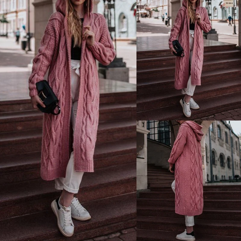 Женский осенний кардиган с капюшоном однотонный Свободный Длинный Теплый