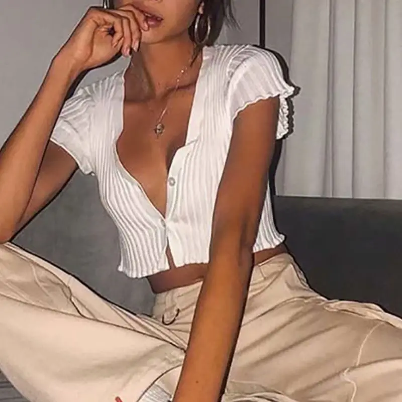 Женский сексуальный белый укороченный топ с коротким рукавом v образным вырезом