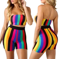 fashion womens summer clothes sets sexy 2 piece outfits bodycon stripe print strapless tube crop tops and high waist shorts