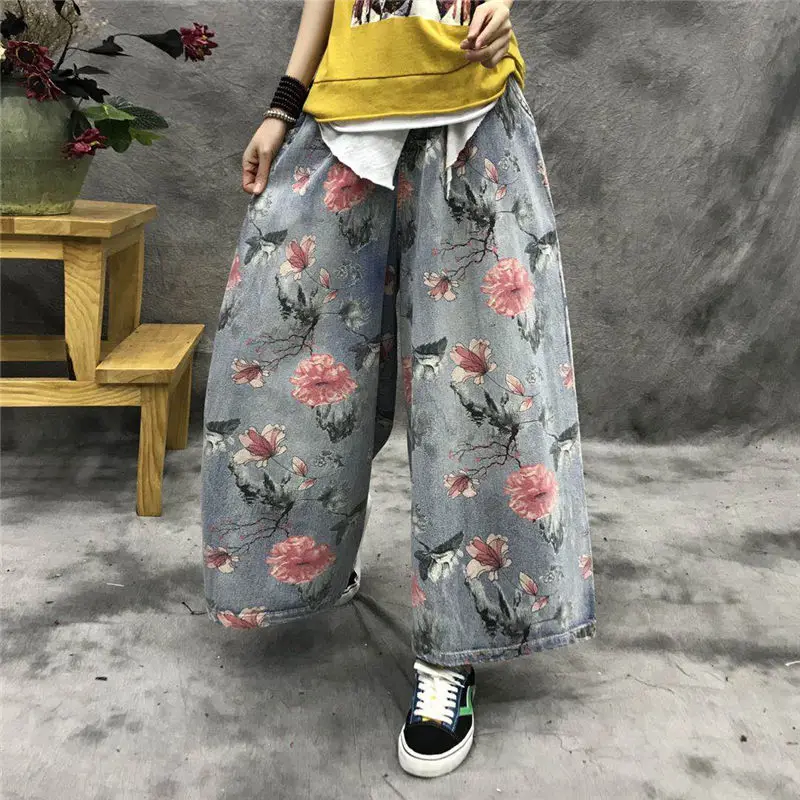 Женские повседневные джинсы с принтом корейские свободные широкие брюки