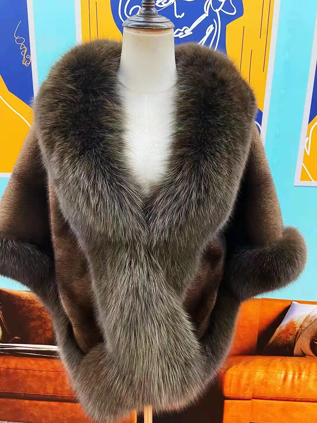 Aulande2021 New Natural Mink Fur Cape With Real Fox Fur Collar Cape Fashion Warm Women's Winter Coat Free Shipping enlarge