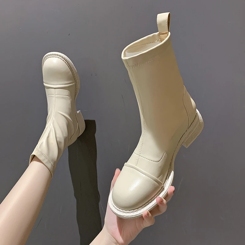 

Women Low Heels Ankle Boots 2021 Spring Female Round Toe Back Zipper Chelsea Boots High Quality Short Boots Black Beige