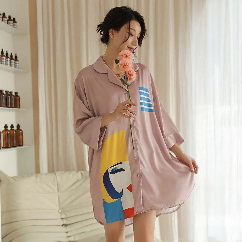 

Intimate Lingerie Purple Women Sleepshirt Satin Sexy Nightgown Summer New Home Dressing Gown Satin Casual Sleepwear Homewear