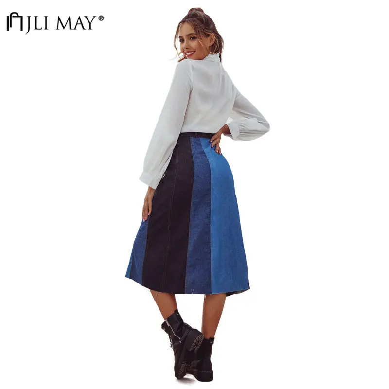 

JLI MAY Summer Denim High Waist Skirt Women Slim Single Breast Geometric Patchwork Female Midi Elegant Casual A-line Skirts
