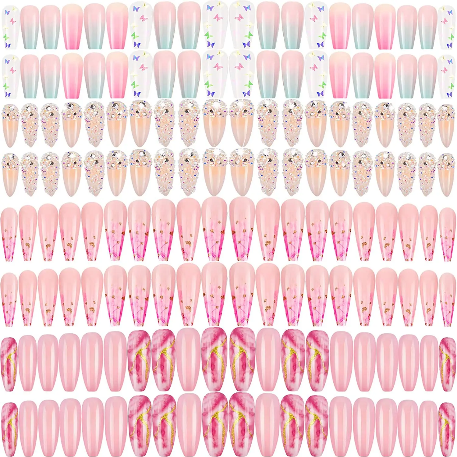 

96 Pcs 4 Boxes Ballerina Nail Art Coffin Rhinestones Extra Long Full Cover Glitter Shiny Fake Nails Artificial Almond Nail Tips