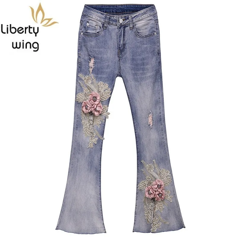 Embroidery Flower Flared for Women New Tassel Slim Fit Denim Trousers Female Washed Zipper Fly Blue Jeans Pants Girl