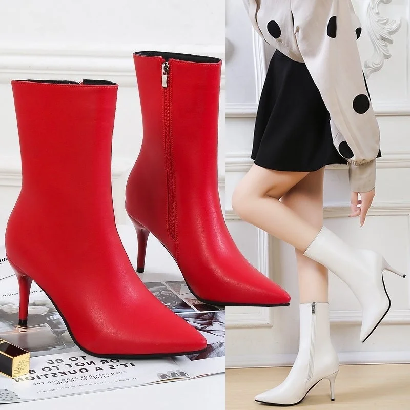 

Large size boots children's 2020 autumn winter new plush warm fashion pointed thin high heel side zipper middle tube boots