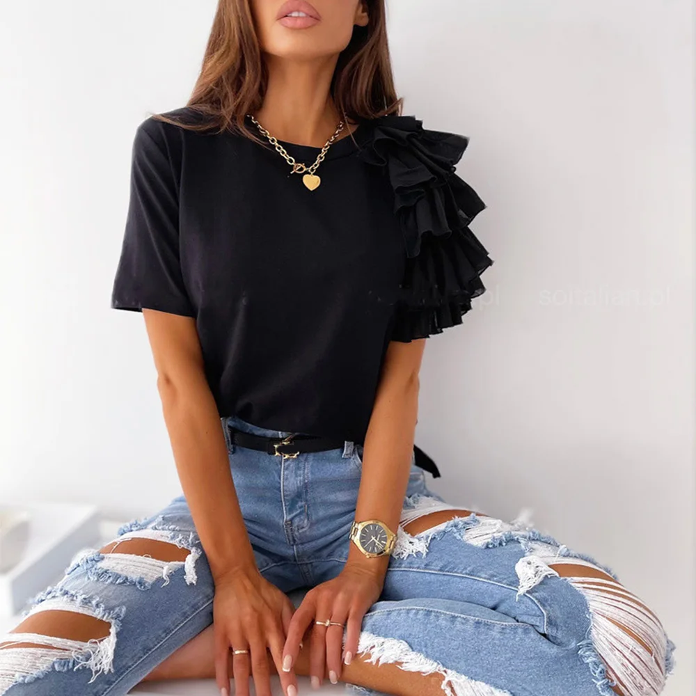 

Solid Women Tshirt Fashion Ruffles Short Sleeve Round Neck Tunic Casual Summer Tops