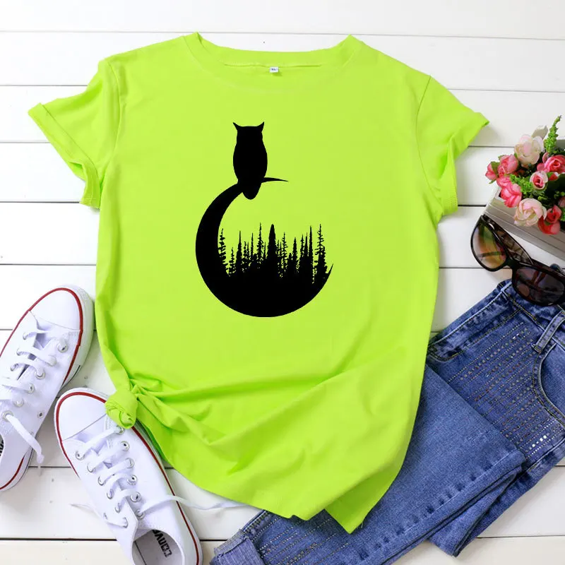 

Women Summer Owl Print T-shirt kawaii Cartoon Fashion Basic tees Oversized Casual Cotton Tee Shirt