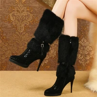 women genuine leather slim high heel mid calf boots high top rabbit fur platform long pumps shoes round toe winter snow boots