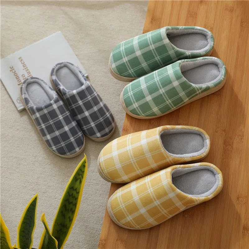 

Winter Simple Cotton Slippers Men'S Fall/Winter Indoor Home Couple Striped Plaid Non-Slip Men'S Cotton Shoes Thick-Bottomed War