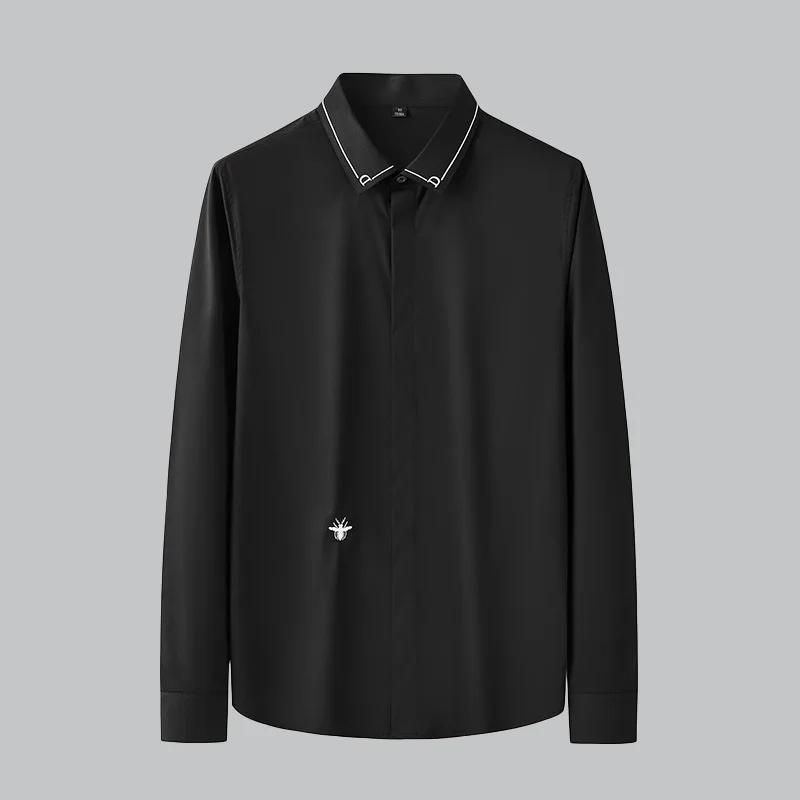 2021 autumn and winter new non-iron high-end solid color men's long-sleeved shirt embroidery all-match pure white men's shirt