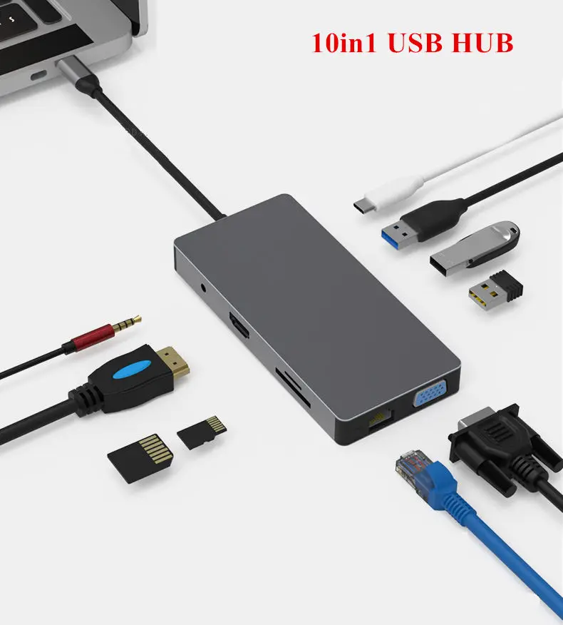 Usb-хаб-c Расширительная док-станция USB3.0 SD TF HDMI VGA 3,5 мм аудио Ethernet интерфейс для huawei xiaomi Macbook mate 10 P20 pro