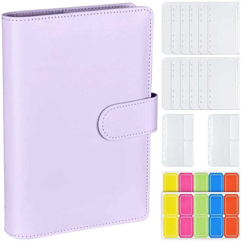 

A6 PU Ring Binder,6 Round Rings Notebook Binder 14Pcs Plastic Zippered Envelopes Pockets,with Label Stickers