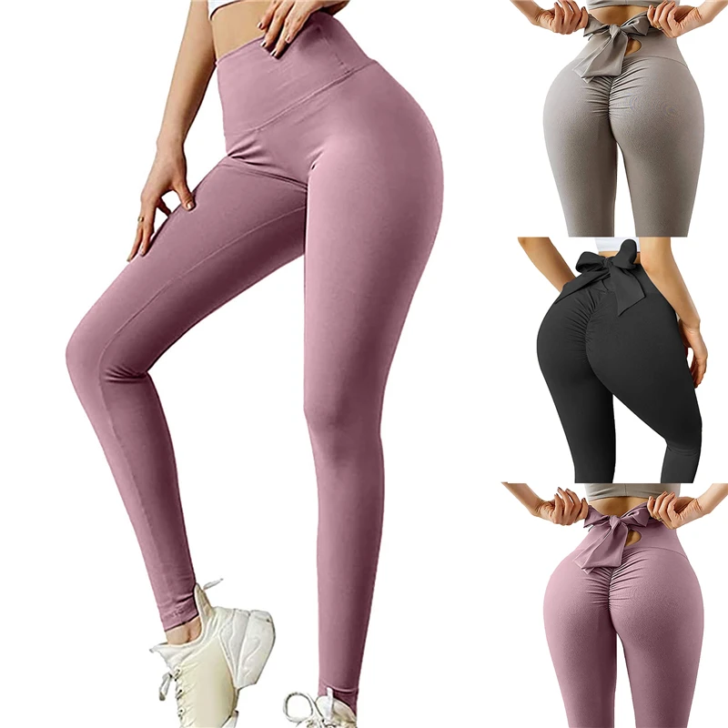 

Women Bow Workout Fitness Gym Yoga Leggings Solid Mesh High Waist Athletic Tights Pants Running Sports Wear Leggings