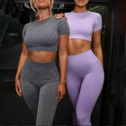 Комплект женский бесшовный для йоги, укороченный топ с коротким рукавом и спортивные штаны с высокой талией, спортивный костюм для бега