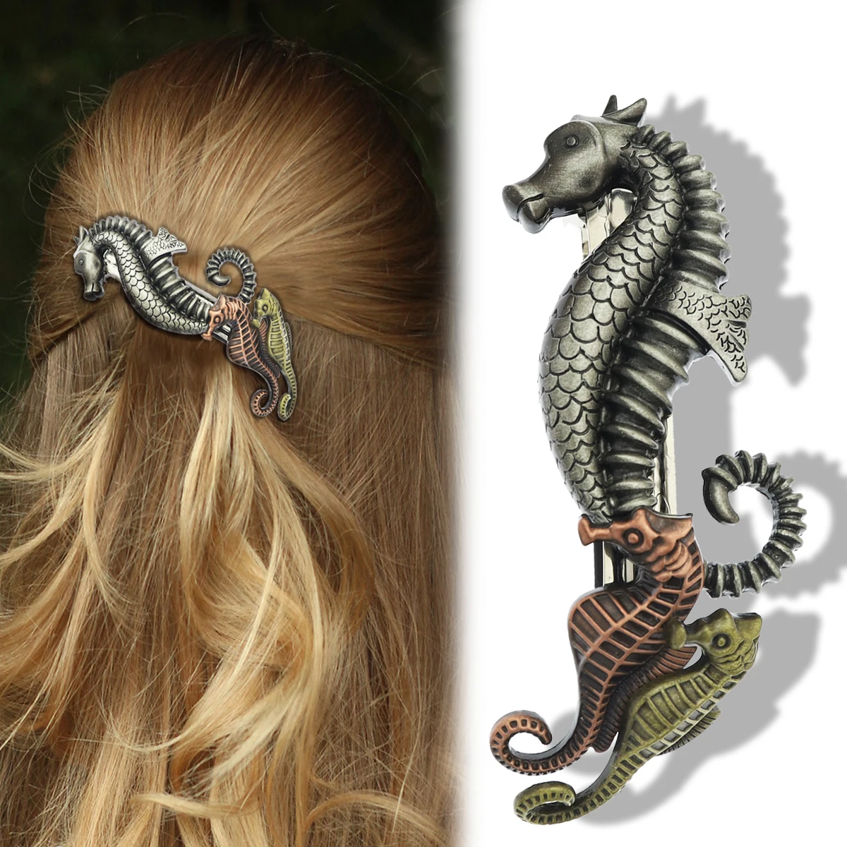 Заколка для волос женская металлическая в стиле морских лошадей цвета морской