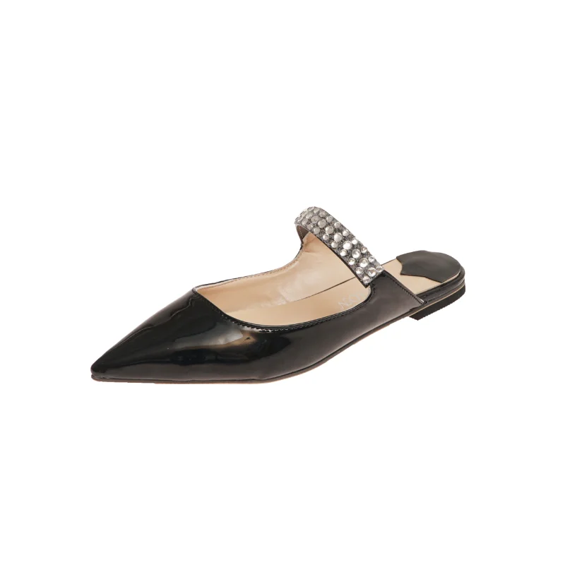 

2021 Crystal Band Slippers Women Leather Pointed Toe Mules Summer Shoes Woman Sandals Flip Flops Flat Cover Toe Slides