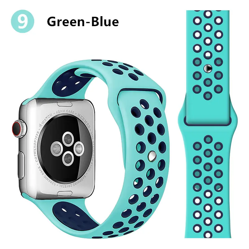 green blue 9 Ремешок для apple watch band 44 мм 40 мм apple watch 5 4 3 2 iwatch band 42 мм 38 мм спортивный силиконовый браслет correa аксессуары для часов - Цвет ремешка: green blue 9