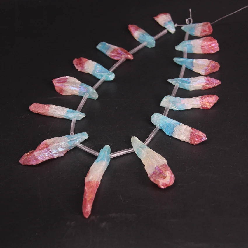 

15.5"/strand Red White Blue Titanium Large Raw Crystal Quartz Top Drilled Point Beads,Gradient Color Cut Rough Stick Pendants