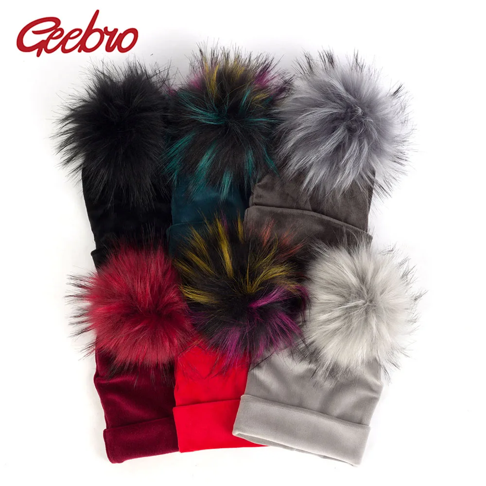 

Geebro Baby Warm Winter Velvet Elastic Beanies With Faux Fur Pom Pom Hats Newborn Girls Boys Cute Unisex Skullies Soft Caps