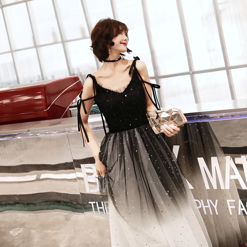 

Gradient Evening Dress 2019 New Fashion Sexy Spaghetti Strap V-neck Prom Party Dresses a Line Banquet Dress Vestidos De Festa
