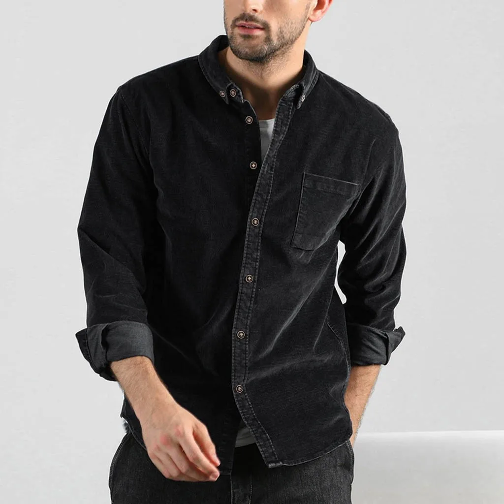 Мужская Вельветовая рубашка Повседневная Однотонная с карманами и длинным