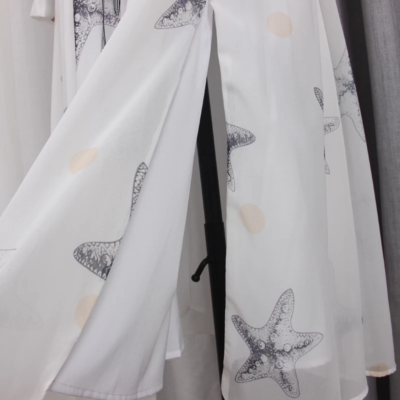 

S-XL High Quality 2021 New Starfish Print V-neck Webbing Straps Long-sleeved Slits Slim Chiffon Comfortable Casual Woman Dress