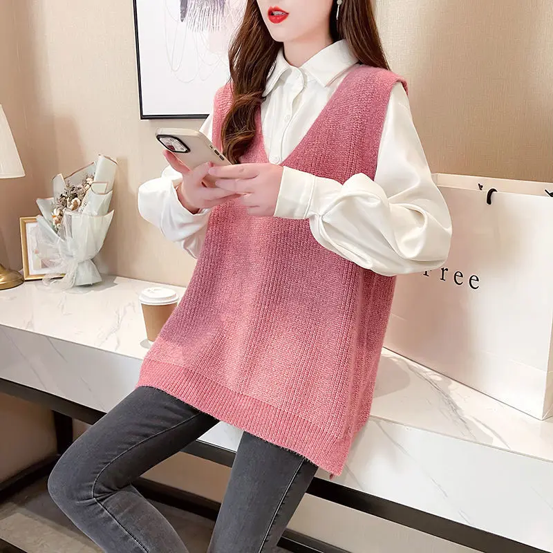 

2021 Autumn Women Loose Knitted Sweater Women Solid Sleeveless Vest Ladies V-Neck Pullover Tops Female Waistcoat Outerwear Y707
