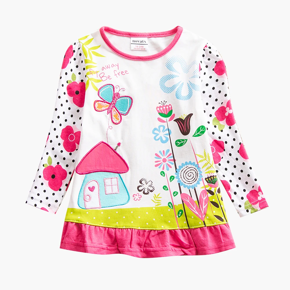 Хлопковая футболка с длинными рукавами и круглым вырезом цветочным принтом для