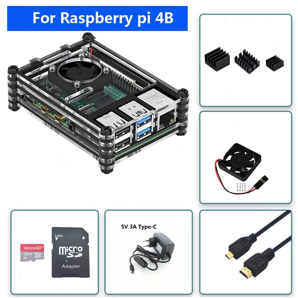 Акриловый чехол Raspberry PI 4 Модель B с вентилятором охлаждения карта SD 32 ГБ мощность 5