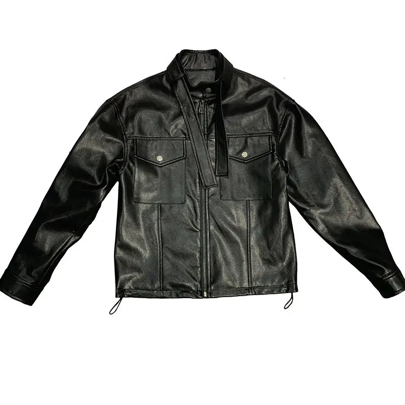 

Korean Style Short Leather Jacket Men's Fashion Casual Black Motorcycle Jackets Mens Streetwear Loose Hip-hop Bomber Jacket Men