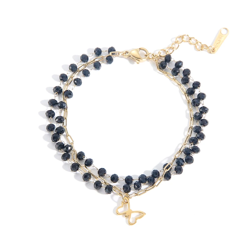 

Exclusive Design Faceted Black Crystal Beads Plating Unfading Gold Stainless Steel Chain Butterfly Pendant Bracelet