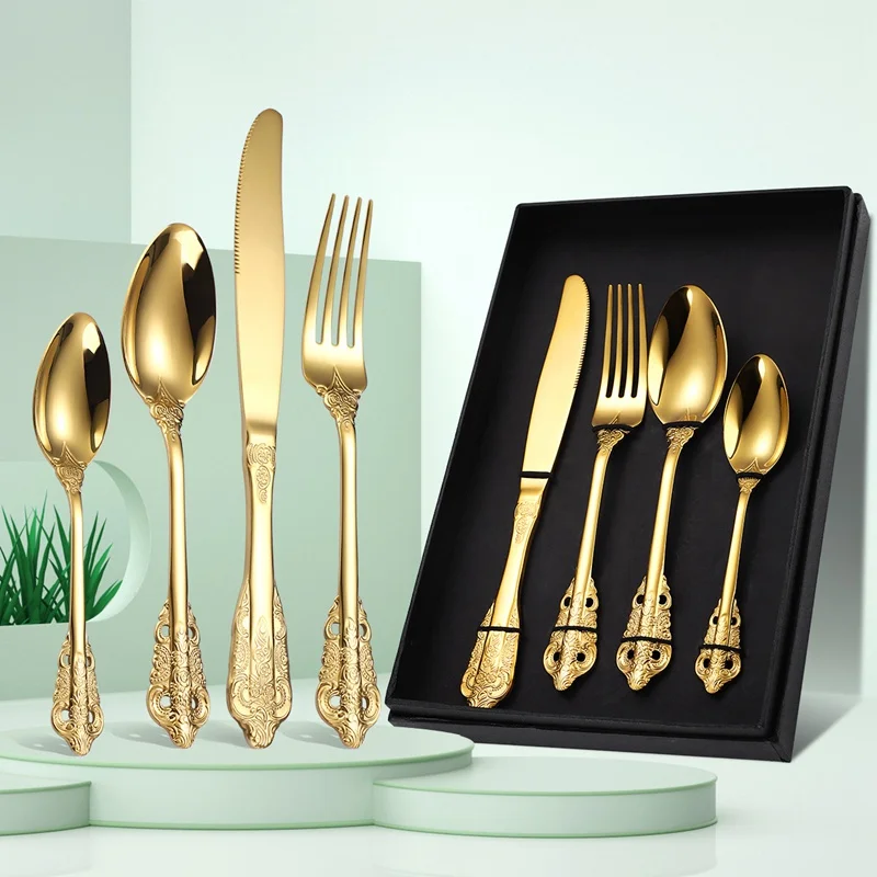 

Vintage Engraving Western Gold Plated Cutlery Tableware Gift Box Set Palace Luxuly Steak Knife Fork Spoon Dinnerware Dinner Sets
