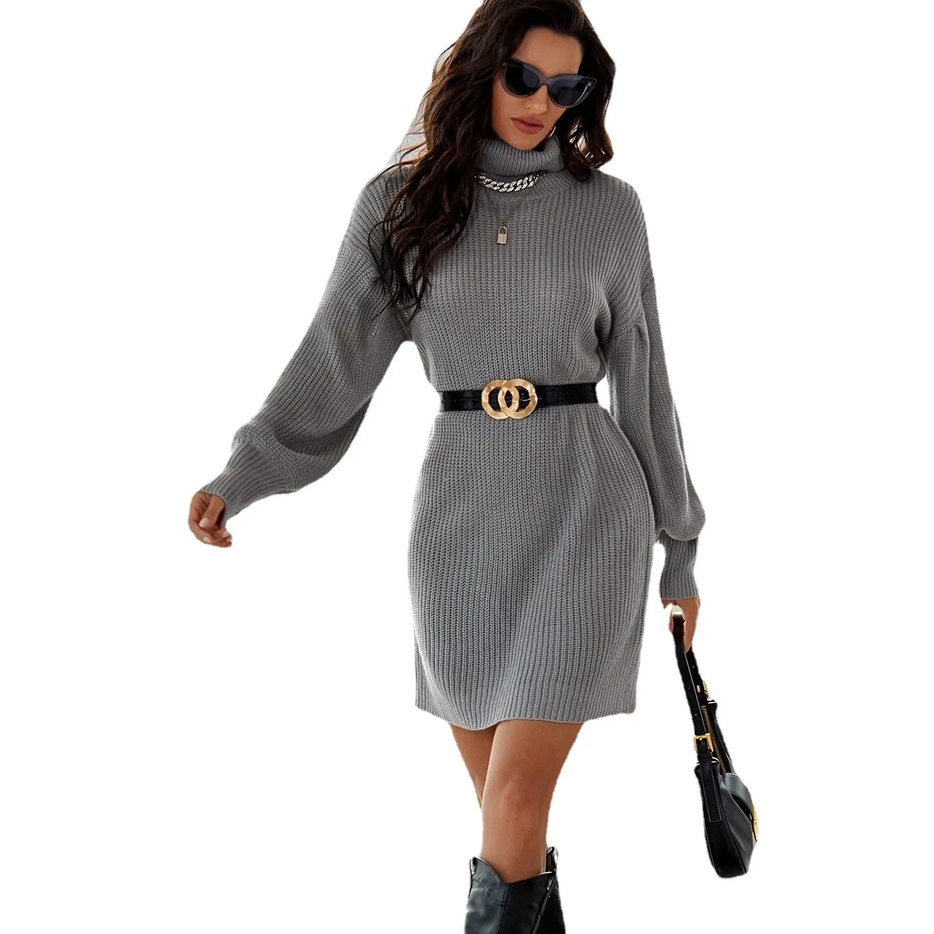 

Autumn Women Casual Knitted Sweaters Female Ladies Elegant Long Sleeve High Neck Solid Color High Waist Elastic Midi Dress