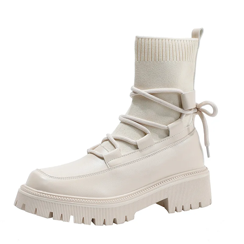 

Women's Ankle Boots Autumn Winter Brand Designer Ladies Knitting Stretch Fabric Martin Boots Female Leather Shoes Black White