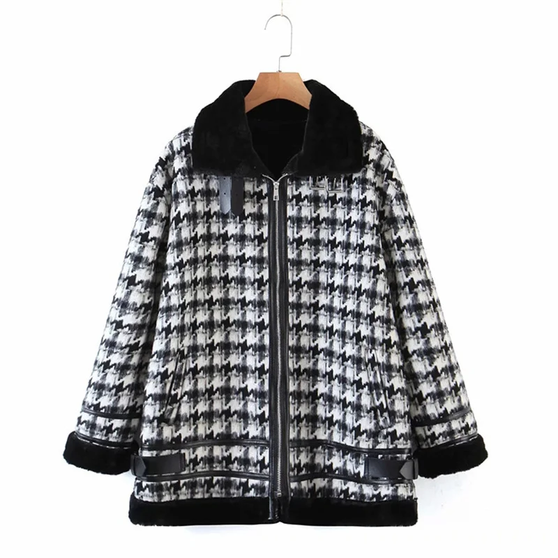 

2021 Winter Houndstooth Coat Women Plaid Jacket Fashion Casual Commuter Lapel Outerwear Office Ladies Black Cute Clothes Warm
