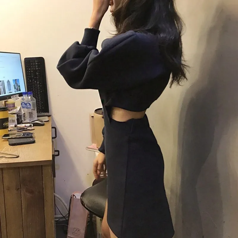 Женское мини-платье с длинным рукавом DEAT корейское платье-свитер буфами модель