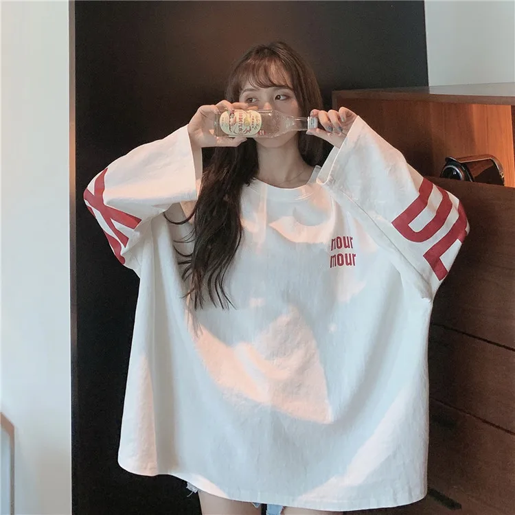 Ulzzang Топы mujer осень vogue корейский стиль одежда уличная панк с буквенным принтом Большие размеры с длинным рукавом Повседневная футболка женская