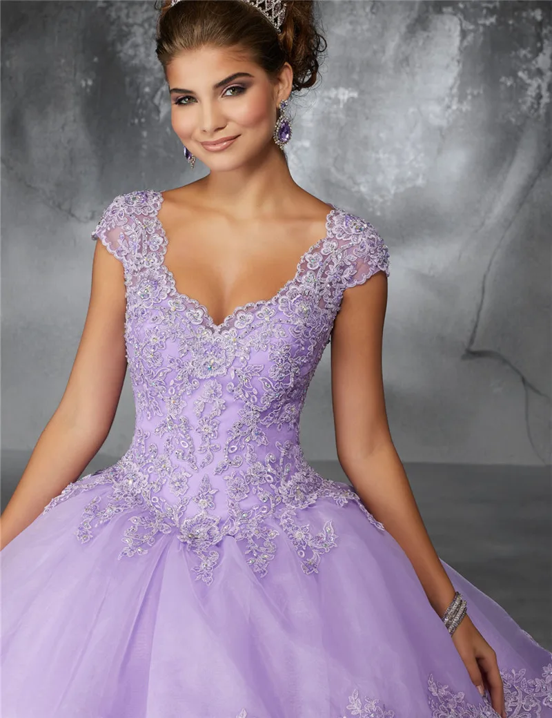 

Cap Sleeve V-neck Lavender Quinceanera Dresses Puffy Ball Gown Sweet 16 Dress