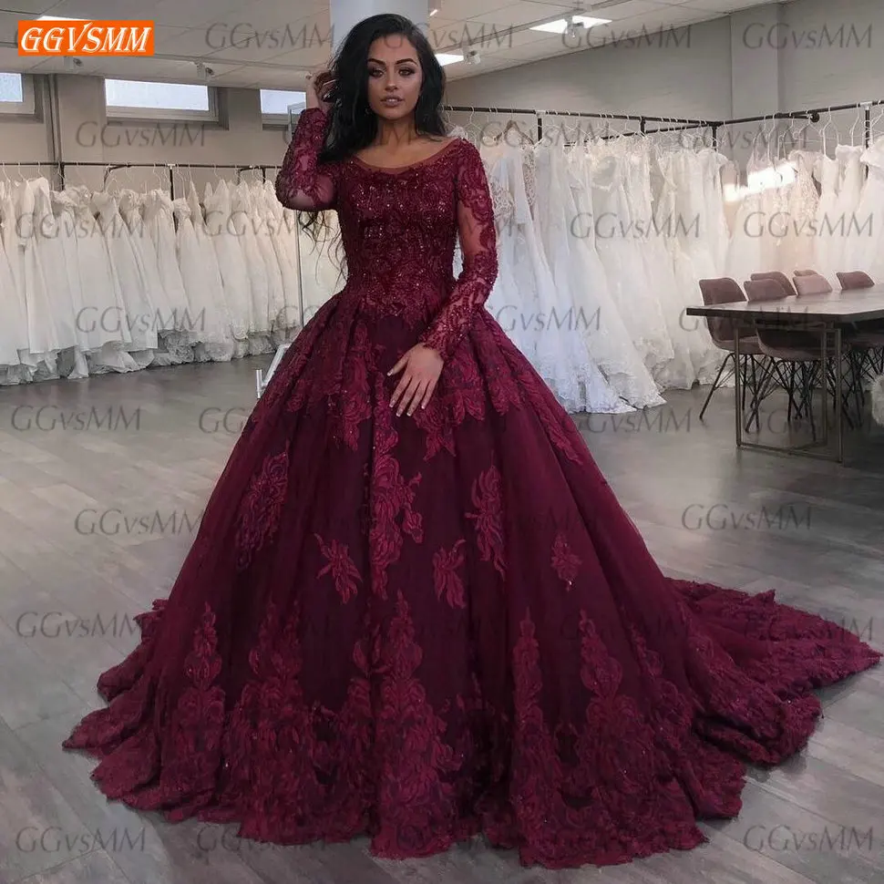 

Chic Evening Dress Long Sleeves Lace Appliqued Beaded Ball Gown Women Dresses Party Custom Made 2020 Abiti Da Cerimonia Da Sera