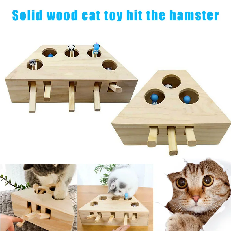 

Whack Mole Mouse Cat Exercise Toy Solid Wooden Puzzle Box with 3/5 Holes Pet Toys ADW889
