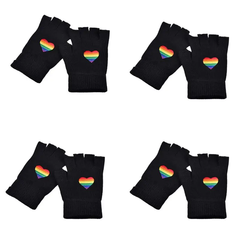 

Unisex Winter Knitted Fingerless Gloves Rainbow Stripes Heart Embroidery Mittens