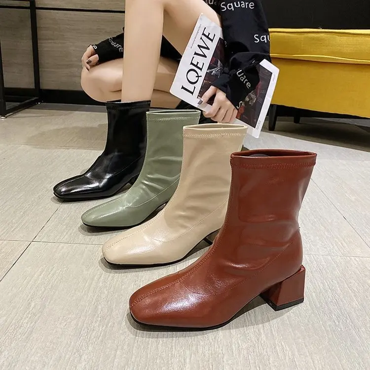 Martin Boots Women 2021 New Womens Boots Autumn Square Toe Sleeve Short Boots Womens Thick Heel Mid-heel Fashion Boots