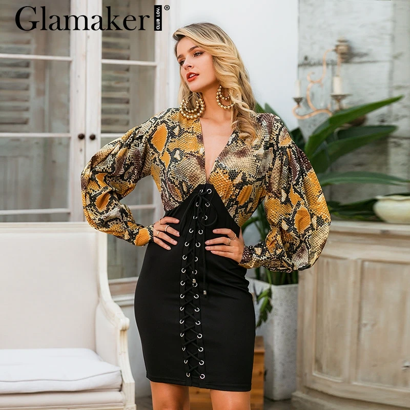 Женское винтажное платье со змеиным принтом V образным вырезом|Женские платья| |