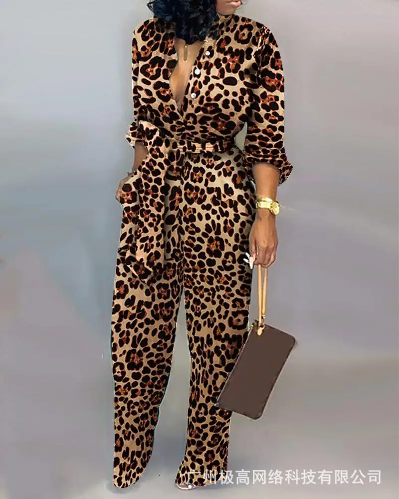 

2021 new fashion leopard print long sleeve jumpsuit pants women pants